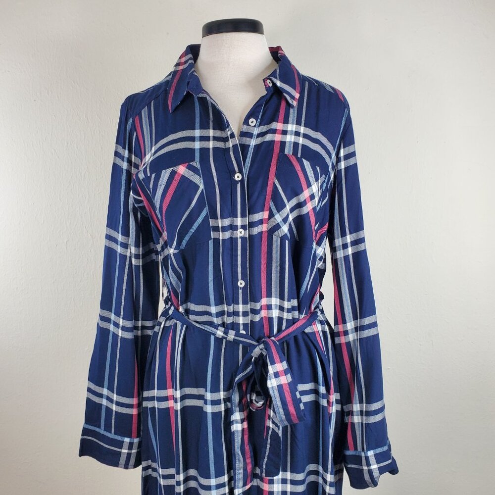 Motherhood maternity blue plaid dress large belted Roll Tab Sleeves pockets NWT - Picture 2 of 9